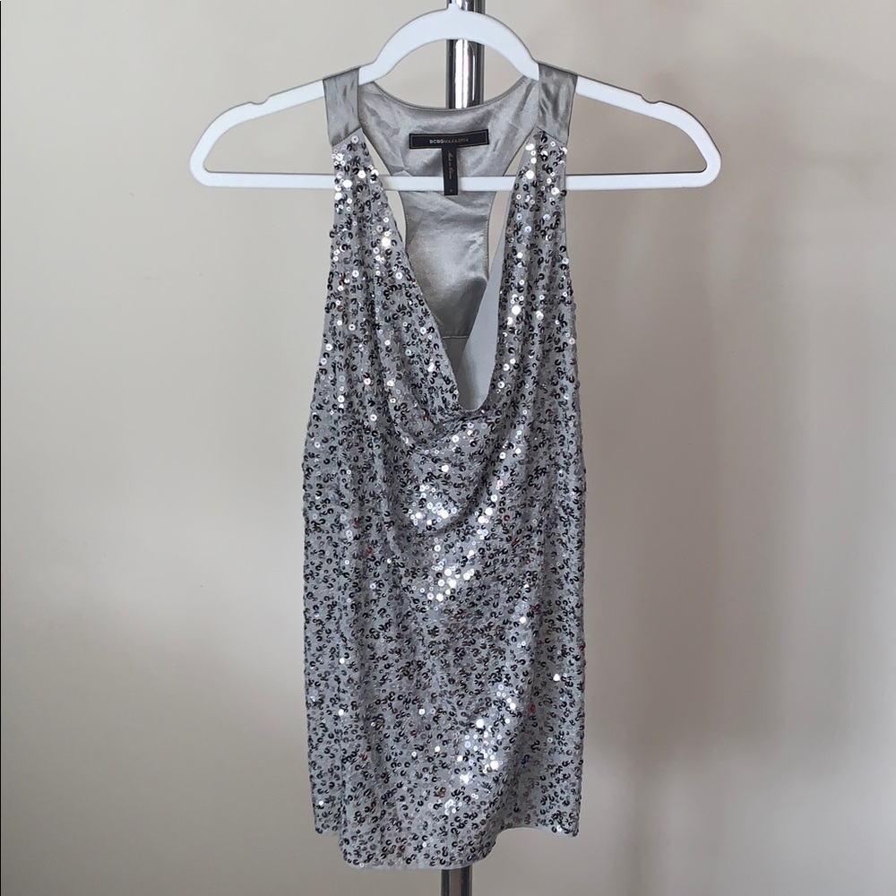 Bcbgmaxazria Silver Sequin Blouse